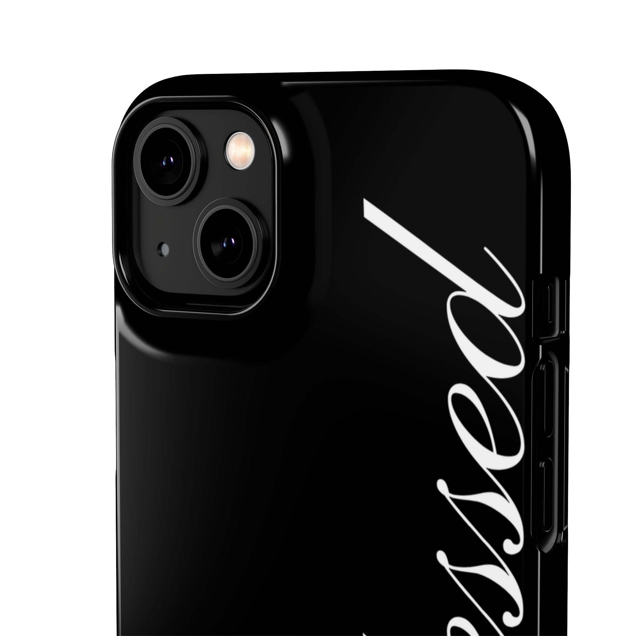 Blessed Phone Case — Glossy Black Phone Case with 'blessed' Diagonal Script