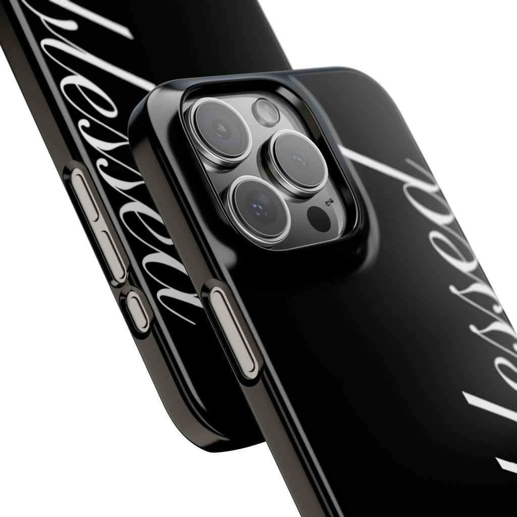 Blessed Phone Case — Glossy Black Phone Case with 'blessed' Diagonal Script