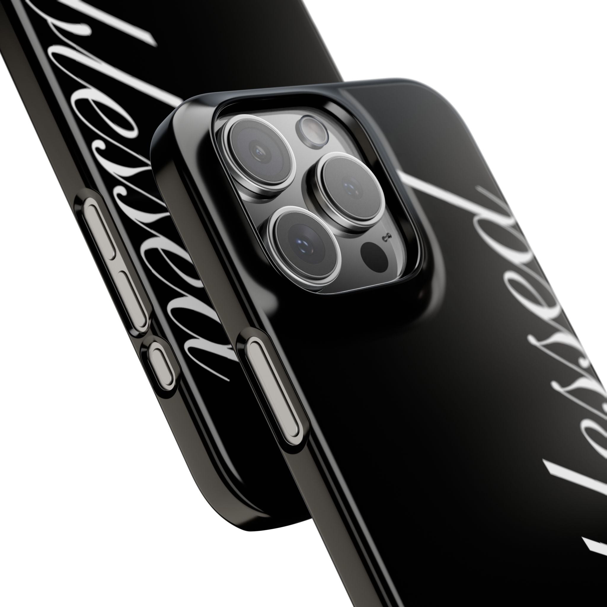 Blessed Phone Case — Glossy Black Phone Case with 'blessed' Diagonal Script