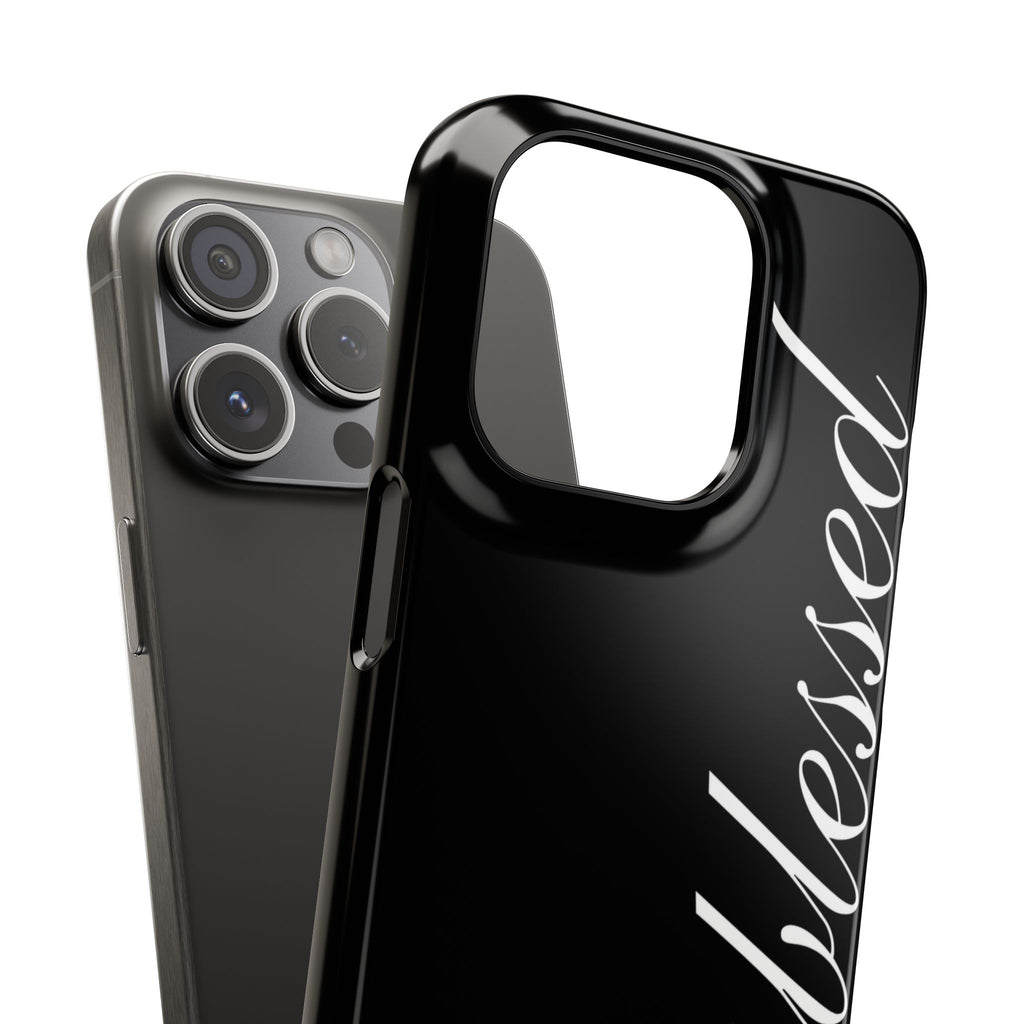 Blessed Phone Case — Glossy Black Phone Case with 'blessed' Diagonal Script