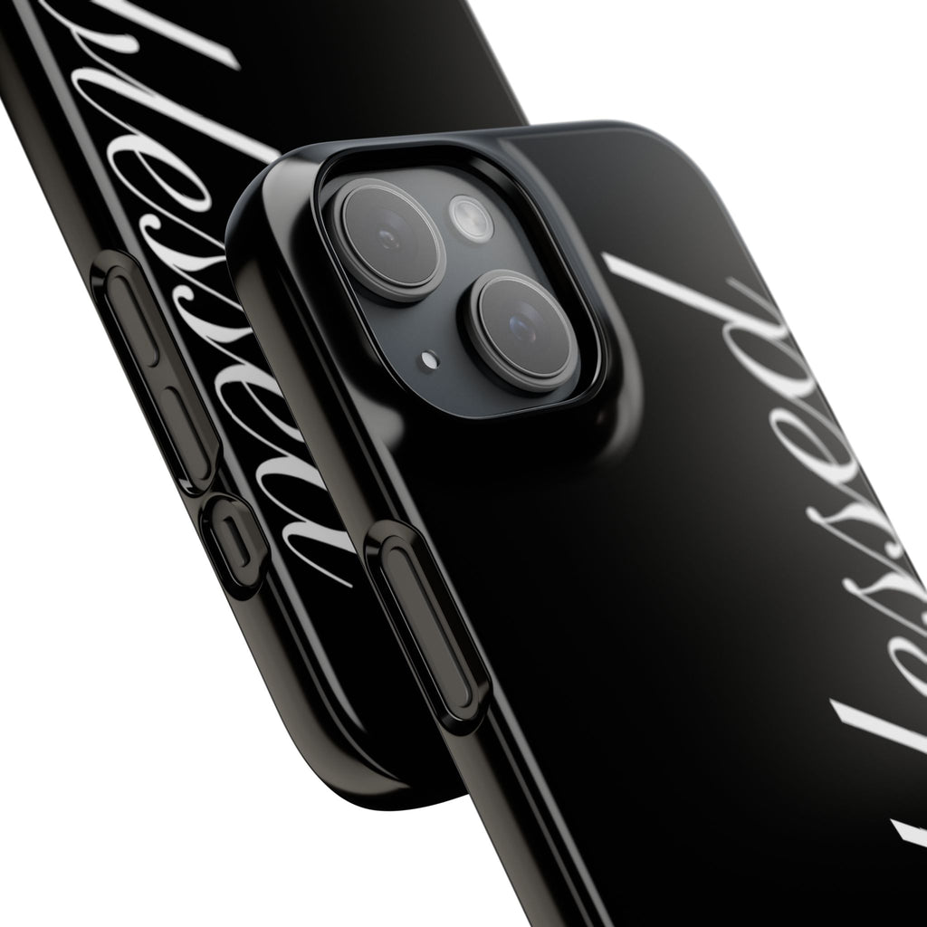 Blessed Phone Case — Glossy Black Phone Case with 'blessed' Diagonal Script