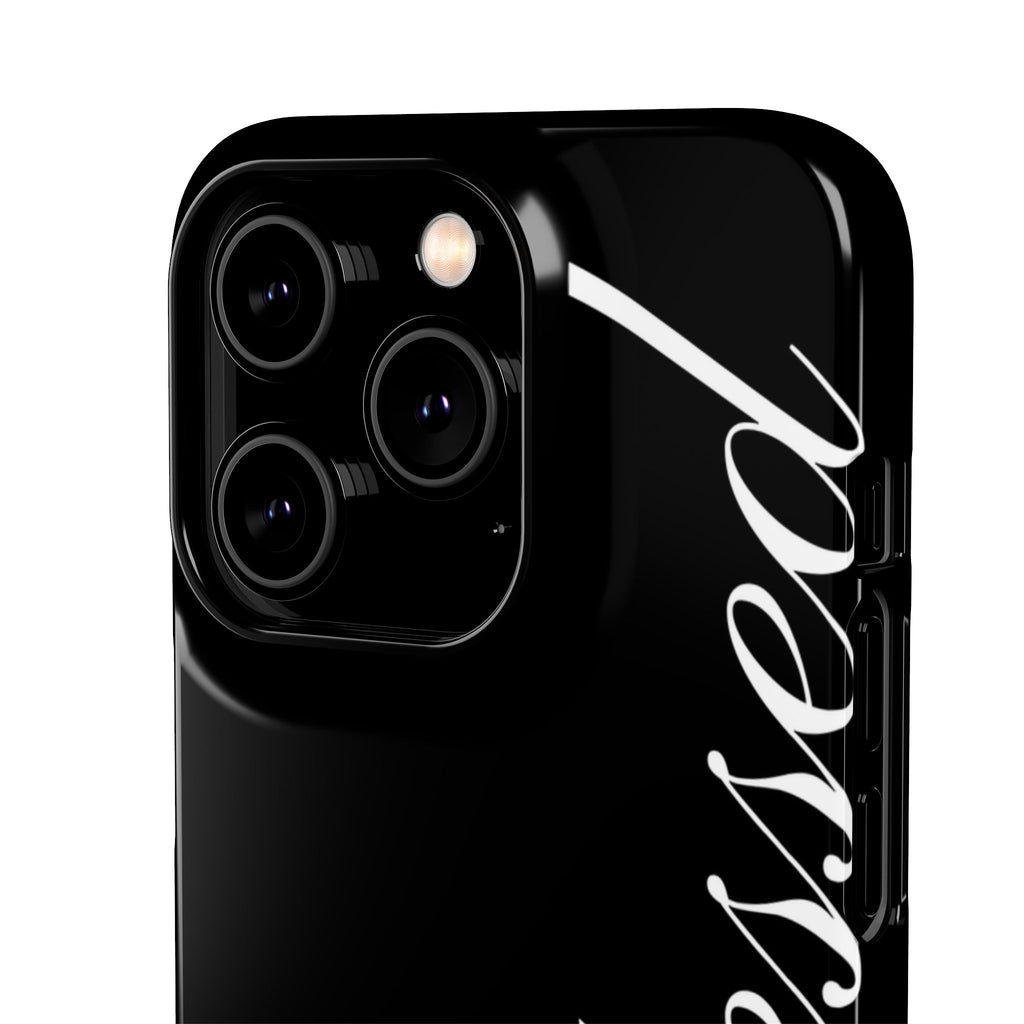 Blessed Phone Case — Glossy Black Phone Case with 'blessed' Diagonal Script