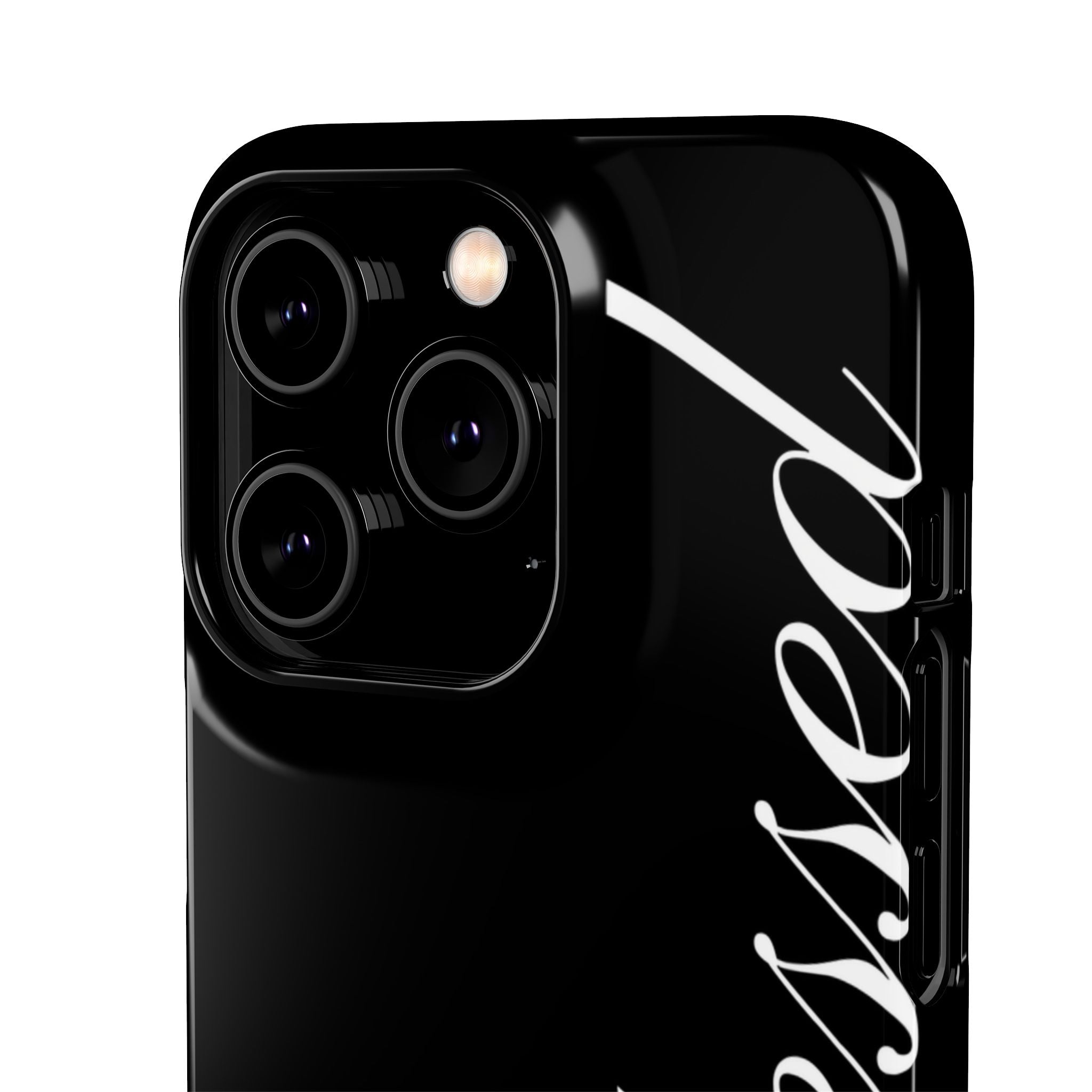Blessed Phone Case — Glossy Black Phone Case with 'blessed' Diagonal Script