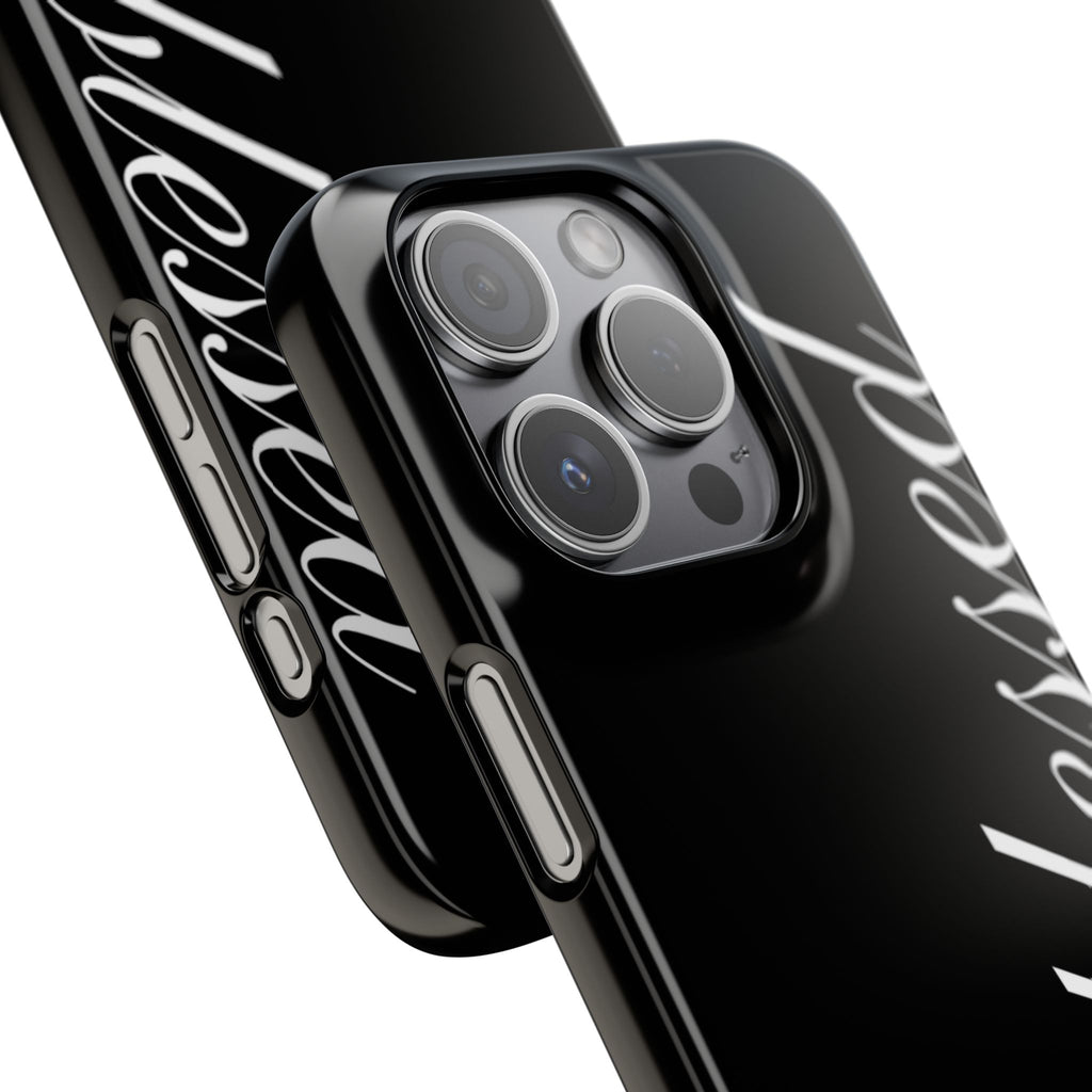 Blessed Phone Case — Glossy Black Phone Case with 'blessed' Diagonal Script