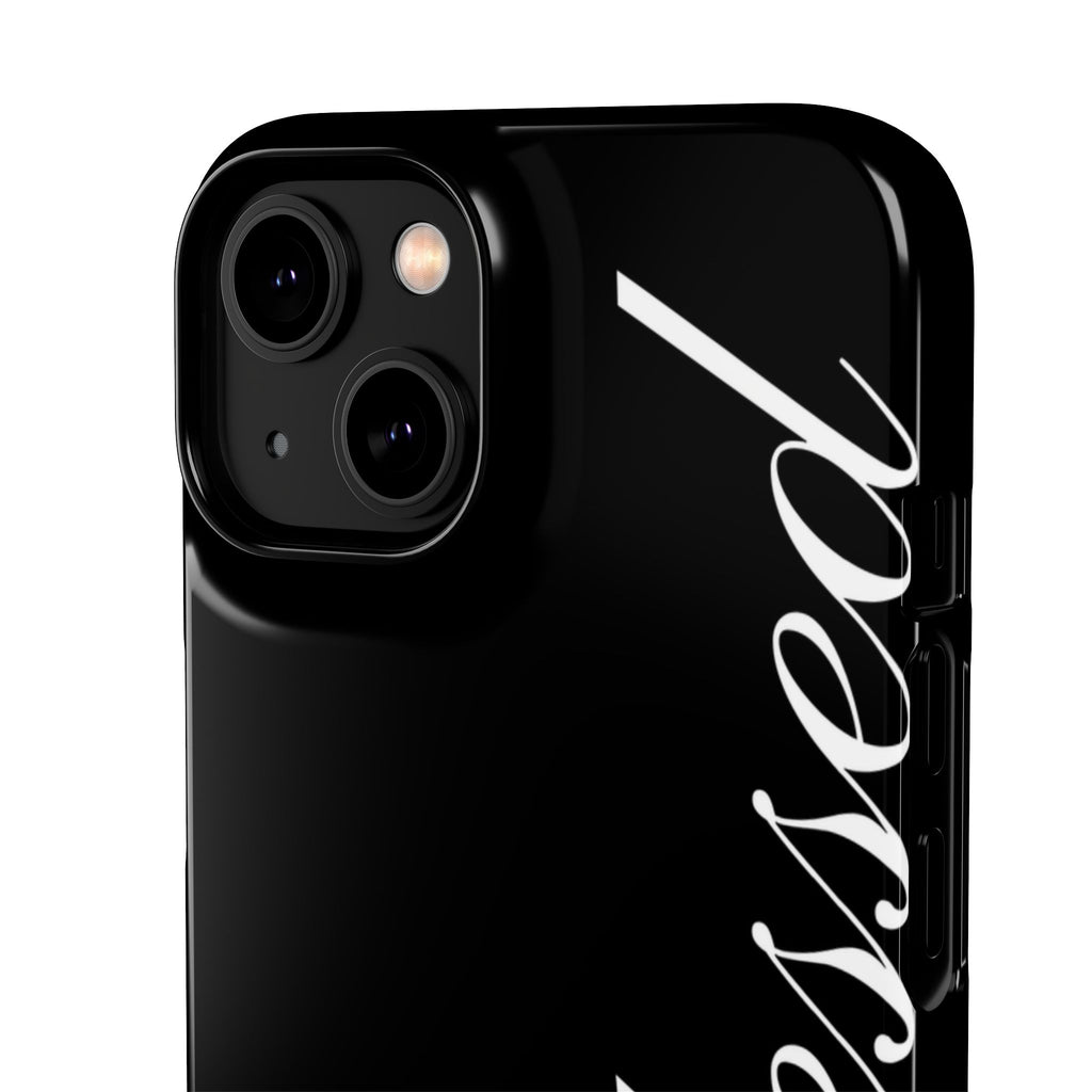 Blessed Phone Case — Glossy Black Phone Case with 'blessed' Diagonal Script