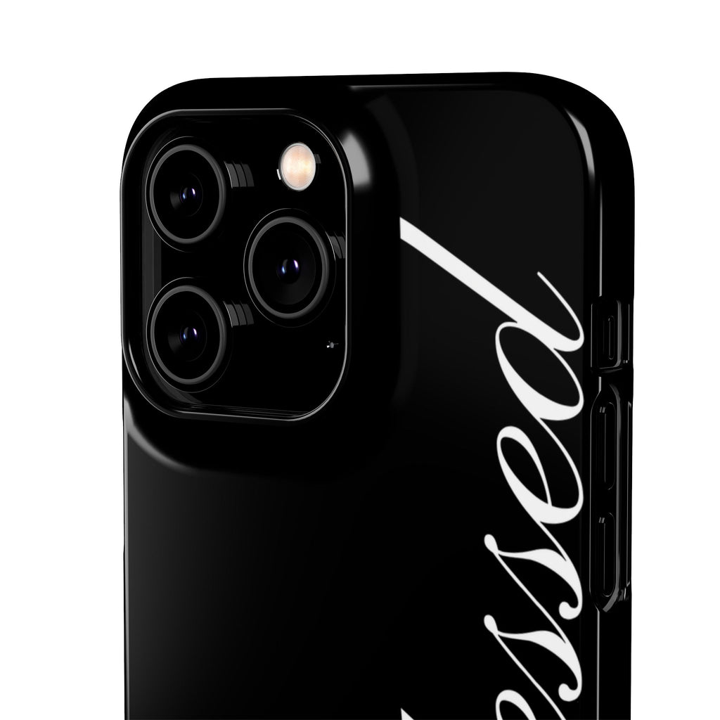 Blessed Phone Case — Glossy Black Phone Case with 'blessed' Diagonal Script
