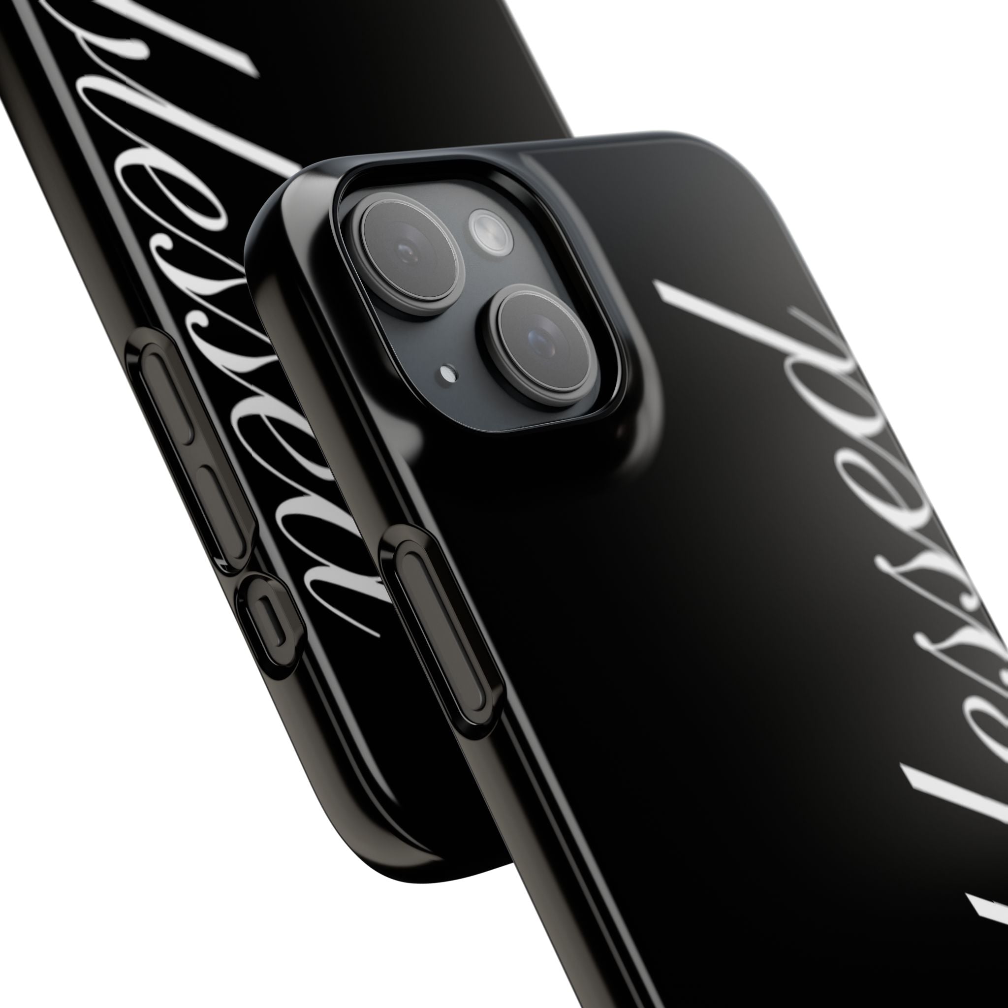 Blessed Phone Case — Glossy Black Phone Case with 'blessed' Diagonal Script