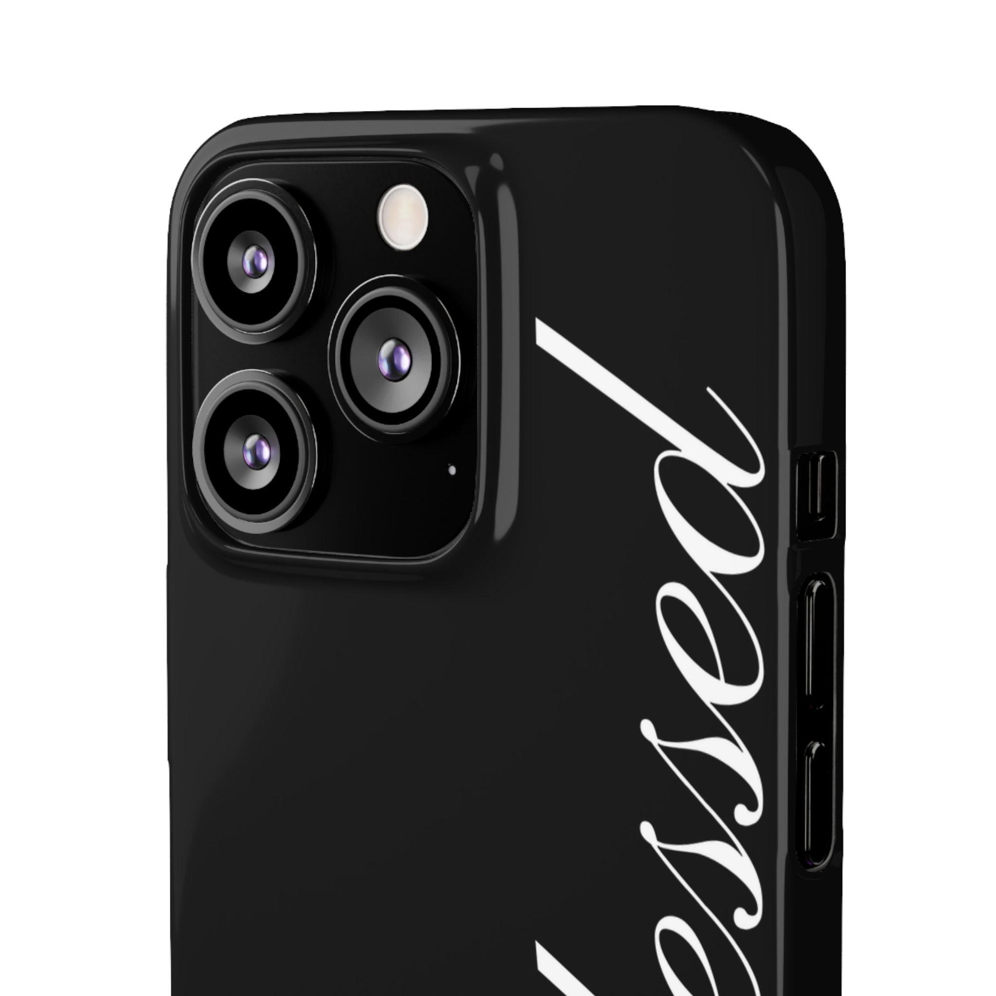 Blessed Phone Case — Glossy Black Phone Case with 'blessed' Diagonal Script